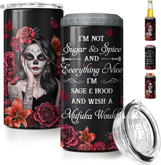 SANDJEST Sugar Skull Tumbler Sugar And Spice 4 in 1 12oz Tumbler Can Cooler Coozie Skinny Stainless Steel Tumbler Gift for Women Girl Friends Christmas Birthday Halloween