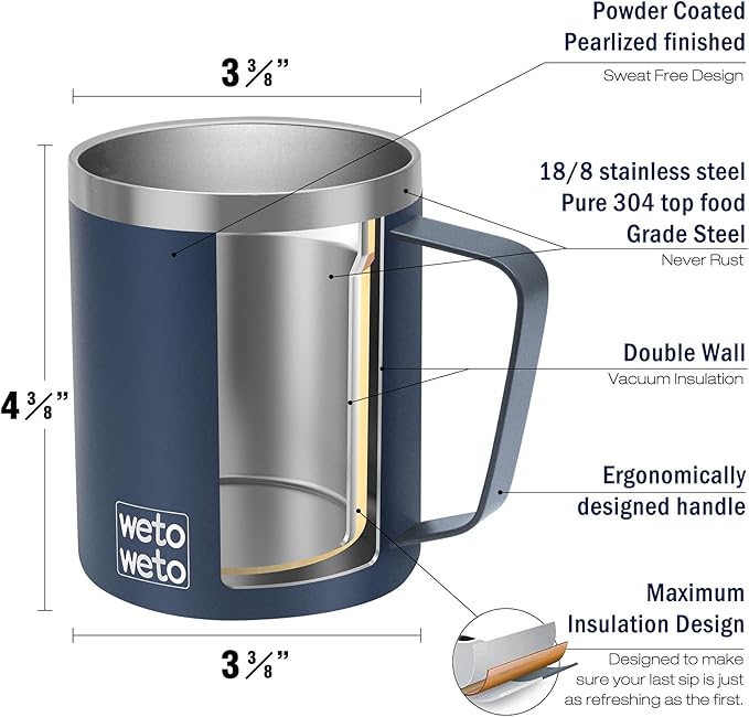 WETOWETO 14 oz Coffee Mug, Vacuum Insulated Camping Mug with Lid, Double Wall Stainless Steel Travel Tumbler Cup, Coffee Mugs Outdoor, Navy Blue & Rose Gold 2 Packs