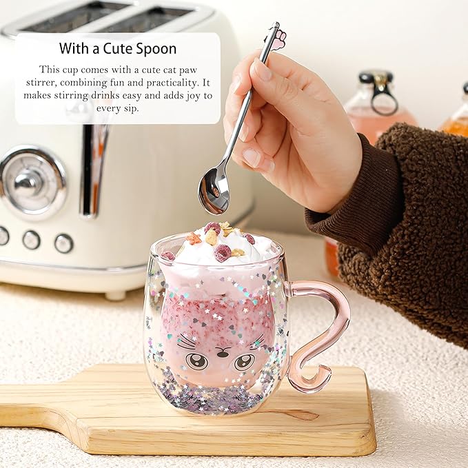 Gifts for Women Cat Gifts Double Walled Glass Coffee Latte Cup Cute Stuff Cat Mug Gifts for Her Christmas Stocking Fillers,Birthday,Valentines,Halloween Presents for Women,Kid,Mum,Teacher