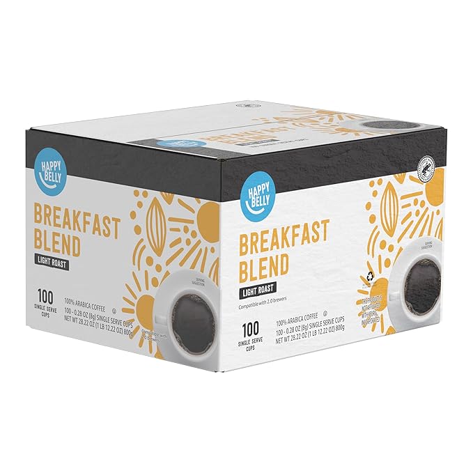 Amazon Brand - Happy Belly Light Roast Coffee Pods, Breakfast Blend, Compatible with Keurig 2.0 K-Cup Brewers, 100 Count (Pack of 2)