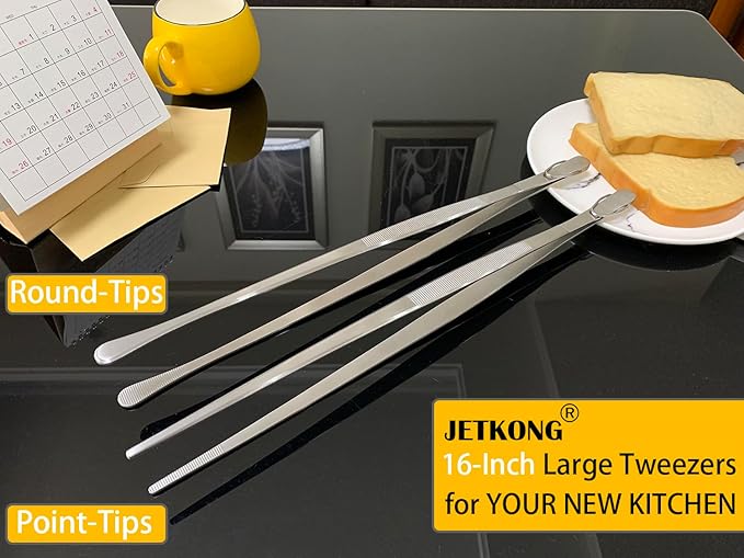 JETKONG 16-Inch Fine Tweezer Tongs Extra-Long Cooking Tweezer Stainless Steel Kitchen Tweezers (Round-Tips)