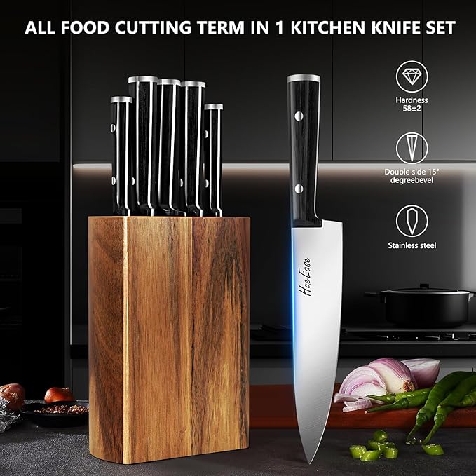 Knife Set,6-Piece Kitchen Knife for Home Use, Sharp Knife Set with Natural Acacia Wood Knife Block, Germen Steel Wood Handle Kitchen Knife Block Set, Ergonomical Design ((Ink-black))