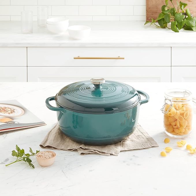 Lodge 7.5 Quart Enameled Cast Iron Dutch Oven with Lid – Dual Handles – Oven Safe up to 500° F or on Stovetop - Use to Marinate, Cook, Bake, Refrigerate and Serve – Lagoon