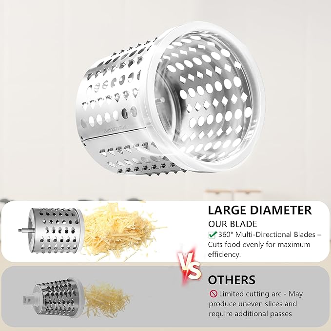 4-in-1 Rotary Cheese Grater Handheld, Lightweight Body with 4 Stainless Steel Blades & Non-Slip Suction Base, for Shredding Parmesan, Slicing Vegetables, Grating Chocolate（White）