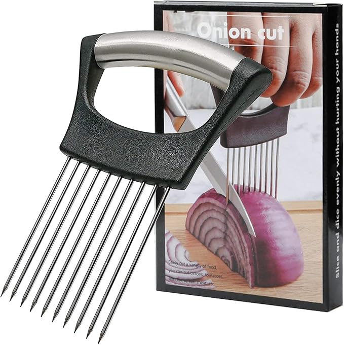 Onion Holder for Slicing, Stainless Steel Lemon Slicer Vegetable Cutter Onion Slicer Holder, Kitchen Chopper Slicing Assistant Tool for Potato Tomato Cucumber Avocados Fruits Eggs Meat