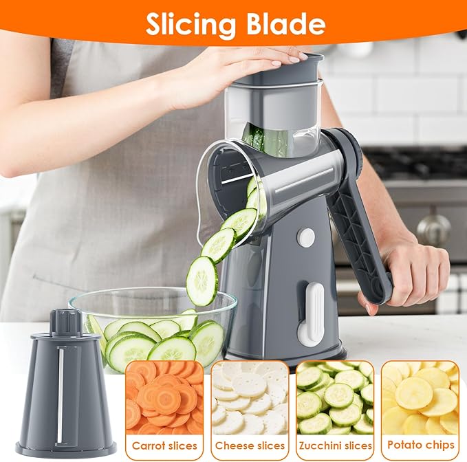 5 Blade Rotary Cheese Grater Hand Crank with Storage Box, Vegetable Chopper, Cheese Shredder for Cheeses, Veggies, Nuts - Easy to Use, Non-slip Suction Base, Gray