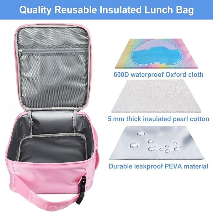 Insulated Lunch Bag, Leakproof Portable Lunch Box for Women Men Boys Girls, Large Capacity Cooler Bag for Office School Camping Hiking Outdoor Beach Picnic (Rainbow Pink)