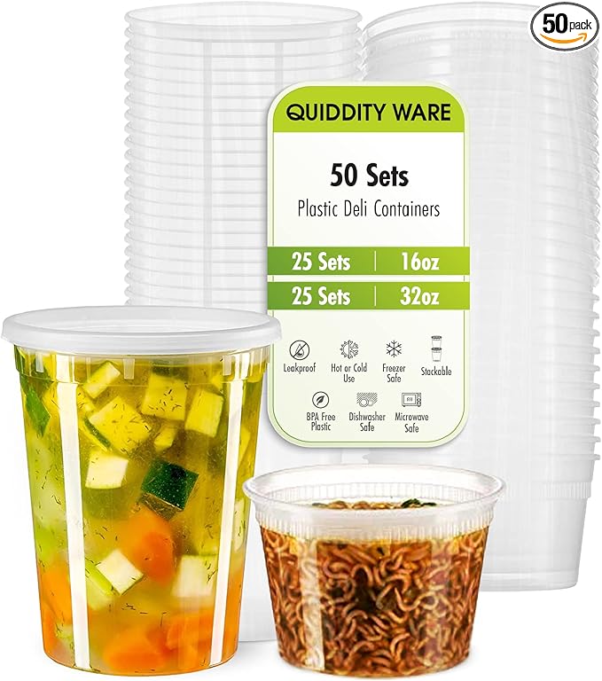 Deli Containers with Lids Leakproof - 50 Pack BPA-Free Plastic Microwaveable Clear Food Storage Container Premium Heavy-Duty Quality, Freezer & Dishwasher Safe (50 Set Combo).