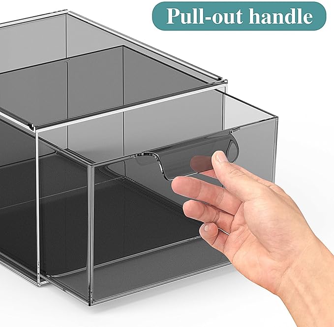 6 Pack Stackable Makeup Organizer and Storage, Acrylic Organizers，Clear Plastic Storage Drawer with Pull-Out Handles for Vanity, Undersink, Kitchen Cabinets, Pantry, Black