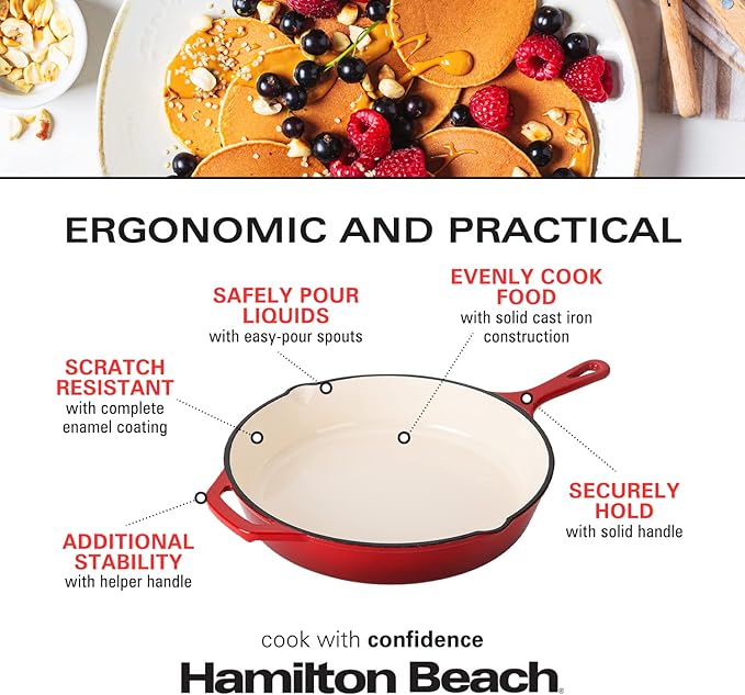 Hamilton Beach Enameled Cast Iron Fry Pan 12-Inch Red, Cream Enamel Coating, Skillet Pan for Stove Top and Oven