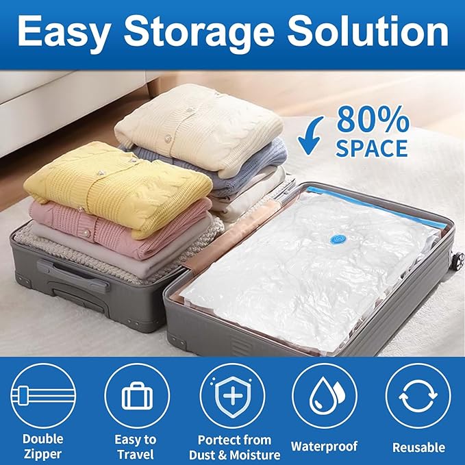 ZXA Vacuum Storage Bags with Electric Air Pump, 8 Pack (4 Large, 4 Jumbo) Vacuum Seal Bags for Clothing, Space Saver Vacuum Storage Bags for Blanket, Duvets, Pillows, Comforters - Blue