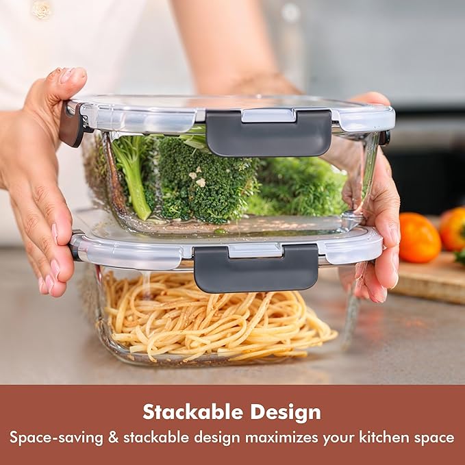 Razab 2 PC 1200ML / 42 Oz Glass Food Storage Containers with Lids - Airtight & Leakproof - Microwave/Oven/Freezer Safe - BPA Free - Ideal for Meal Prep, Storing Leftover & Lunch