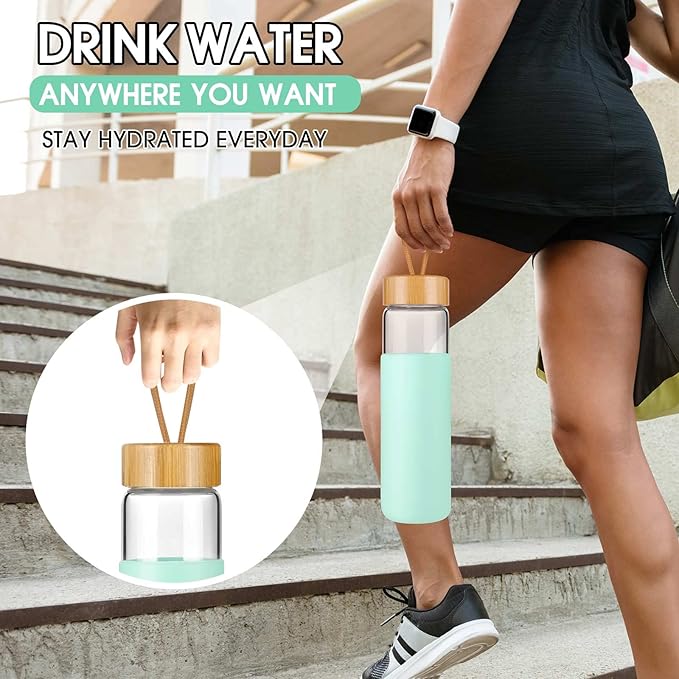 25 Oz Borosilicate Glass Water Bottles with Silicone Sleeve BPA Free, Dishwasher Safe - Reusable Clear Glass Drinking with Leak Proof Bamboo Lid | Perfect Gym Water Bottles for Men & Women