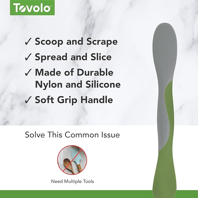 Tovolo Mini Scoop and Spread Tool for Kitchen Meal Prep Small Sandwich Spreader Spatula for Peanut Butter Jelly, Silicone BPA Free Dishwasher Safe Scooper Spreader, Pesto Green and Oyster Gray