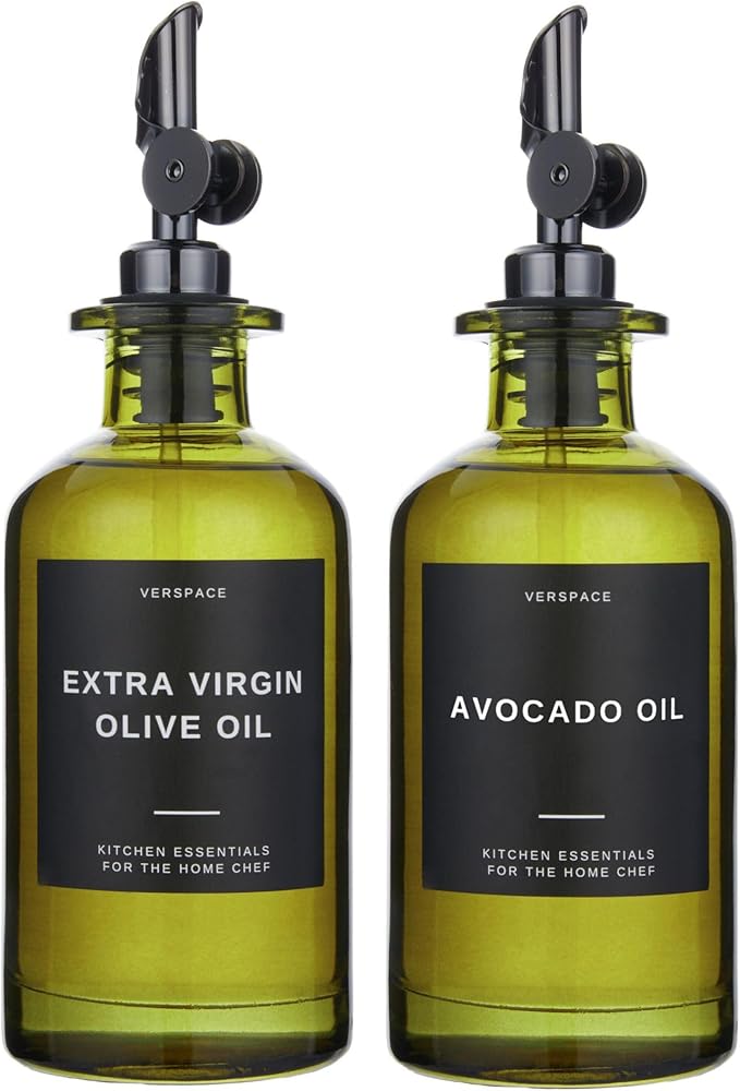 Green Glass Olive Oil Dispenser Bottles For Kitchen, Avocado Oil Dispenser Set, Modern Decor, Gold Kitchen Accessories for Home, Airbnb, Cafe (Black, Set of 2)