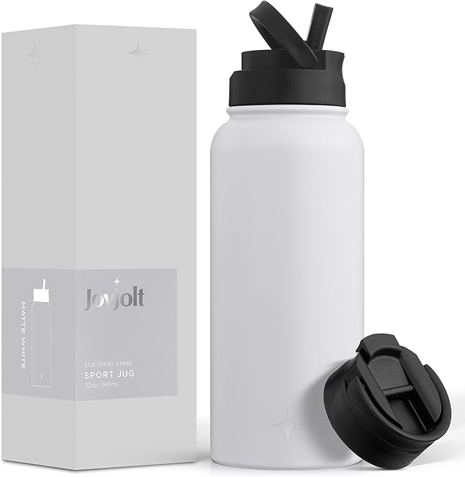 JoyJolt Triple Insulated Water Bottle with Straw Lid AND Flip Lid! 32oz Large Water Bottle, 12 Hour Hot/Cold Vacuum Insulated Stainless Steel Bottle. BPA-Free Leakproof Water Bottles - Thermos Bottle