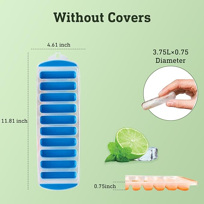 Lily's Home Set of 4 Silicone Ice Cube Tray without Lid, BPA-Free, Ideal for Water Bottles &Sports Bottles,Stackable Design for Quick Release, Skinny Ice Cube Trays for Freezer(11.81"x4.61"x0.75")