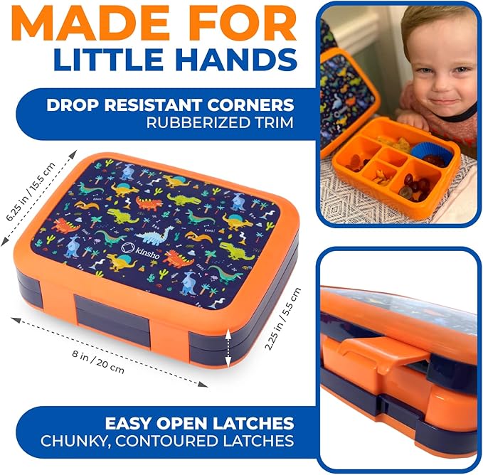 kinsho Bento Lunch Box with Insulated Bag, Water Bottle&Ice Pack Set for Kids Toddlers,5 Portion Sections, BPAFree Removable Tray, PreSchool Kid Toddler Daycare Lunches, Snack Container,Blue Dinosaur