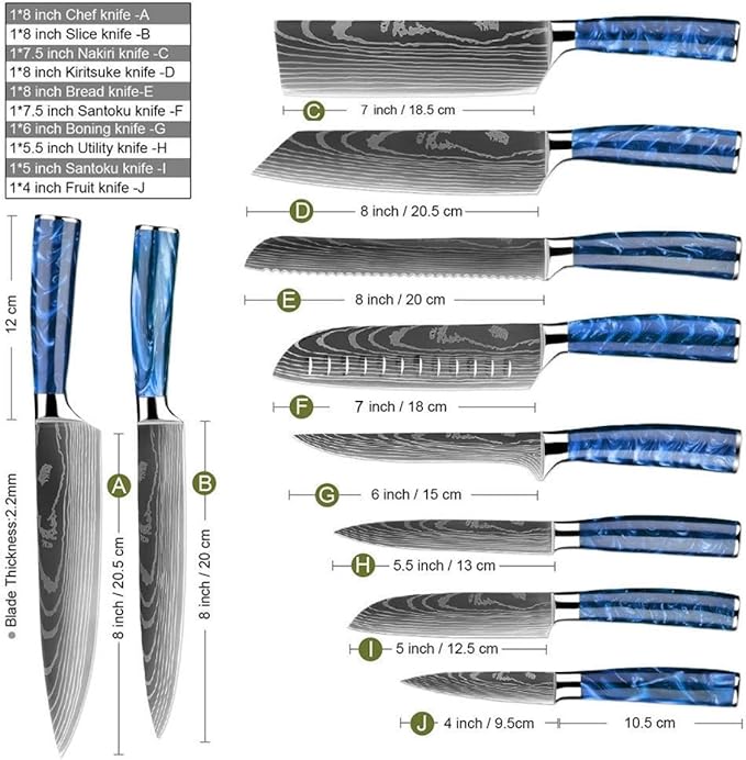 8-Piece Premium Japanese Kitchen Knife Set - Imperial Collection, Laser Damascus Pattern, 440A Stainless Steel Ultra Sharp for Fast Cutting (Blue 8J)