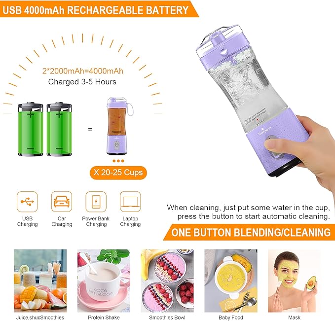 Vaeqozva Mini Blender for Shakes & Smoothies - Battery Operated, USB Rechargeable Personal Blender Cup for Travel, Home, Sport, Office & Outdoors