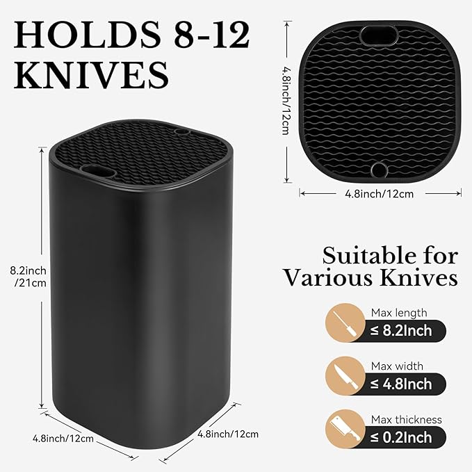 Ninonly Black Knife Block Without Knives 3 in 1 Universal Square Knife Holder Without Knives with Scissors Slot and Sharpening Rod Detachable Kitchen Knife Holder for Easy Cleaning Space Saver