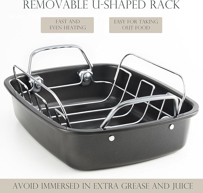 KITESSENSU Nonstick Turkey Roasting Pan with Rack 17 x 14 inch - Large Chicken Roaster Pan for Oven - Wider Handles & Heavy Duty Construction - Suitable for 24lb Turkey, Gold