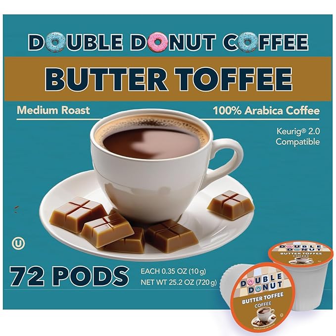 Double Donut Coffee Butter Toffee Flavored Coffee Pods, Medium Roast Coffee, Compatible with Keurig K Cups Brewers, 72 Count