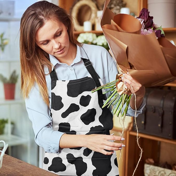 Britimes Apron Home Kitchen Cooking Baking Gardening for Women Men with Pockets Cow Dalmatian Spots Animal Milk 32x28 inch