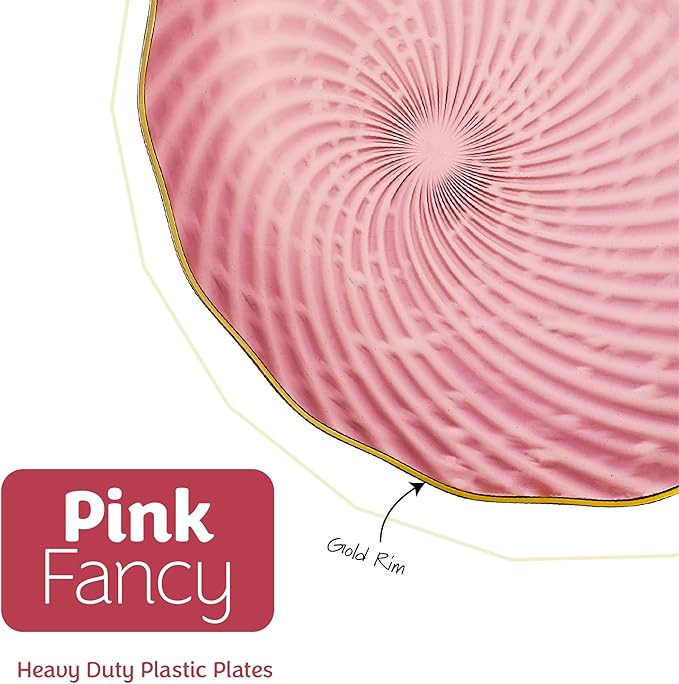 PLASTICPRO 120 Pack Plastic Plates Set of 60-10 inch Plates and 60-7 inch Plates, Elegant Clear Pink Spiral and Gold Rim Disposable Fancy Plates Premium Heavyweight