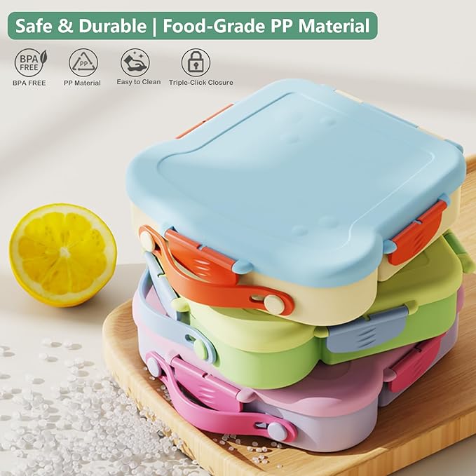 Kids Bento Lunch Box - Toast-Shaped 4-Compartment Lunchable Food Container with Sauce Cup, Utensils & Brush, BPA-Free, Reusable Snack Container with lid, Ideal for School & Travel - Blue