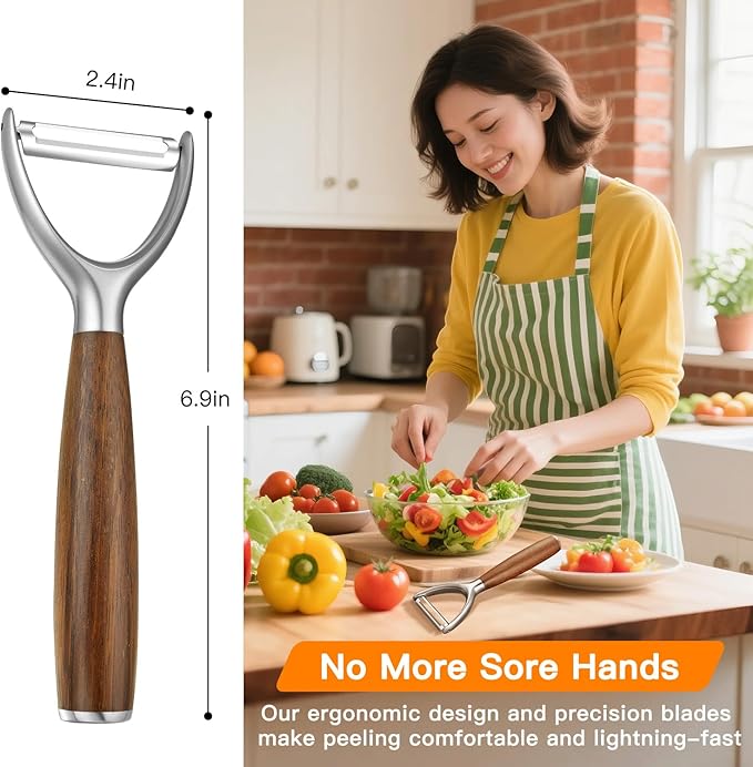 JUSEEPO Premium Vegetable Peeler, Y Type Swivel 304 Stainless Steel Blade Comfortable Solid Wood Handle, Practical gift for the home kitchen mom grandma for Veggie, Fruit, Potato(Merbau)
