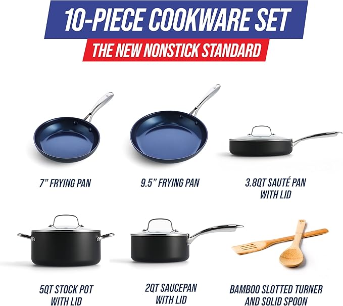 Blue Diamond Cookware Hard Anodized Ceramic Nonstick, 10 Piece Cookware Pots and Pans Set, Non-Toxic PFAS-Free, Dishwasher and Oven Safe, Durable, Even Heating, Metal Utensil Safe, Gray