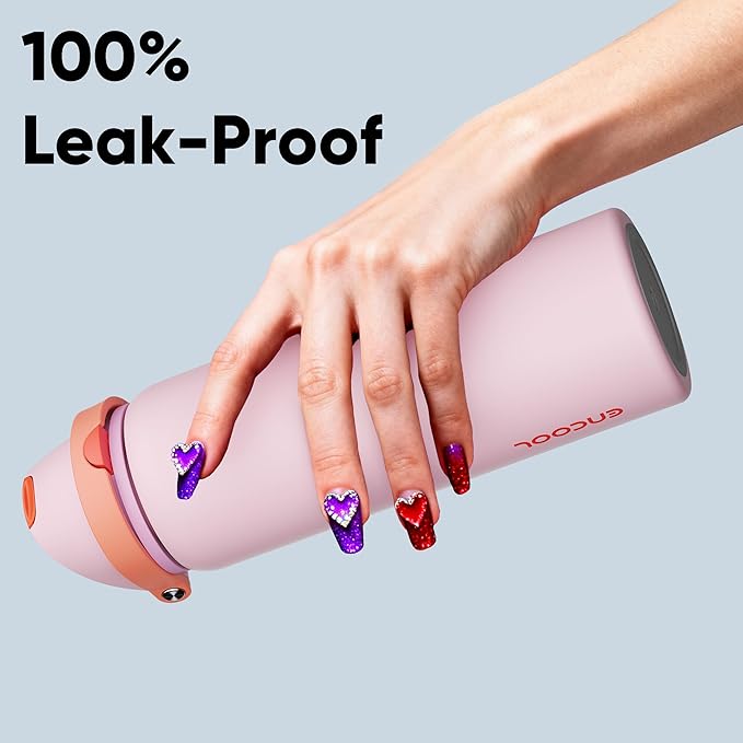Insulated Water Bottle with Straw - Encool Stainless Steel Water Bottle with Push Button Lid, Leak-Proof & BPA-Free, Keeps Cold for 24 Hours for Sports, Travel, Gym (32 oz, Lily-Red)