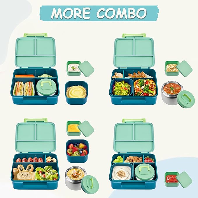 Bento Lunch Box for Kids with 8oz Soup Thermo Leak-Proof Lunch Food Containers with Snack Sauce Container for Kid Girls Boys to School, Green