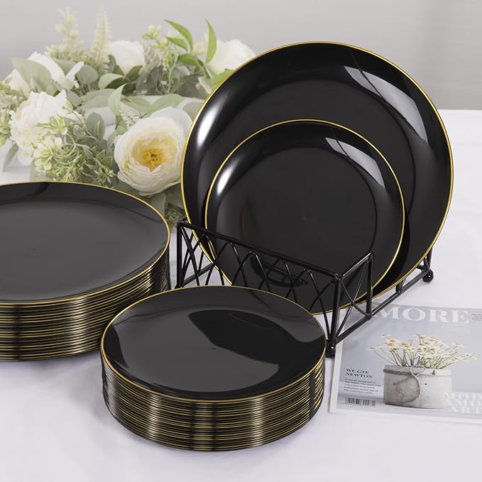 KIRE 60PCS Black Plastic Plates - Black Disposable Plates with Gold Rim for Halloween Party/Graduation - Include 30Pcs 10.25inch for Dinner and 30Pcs 7.5inch for Dessert