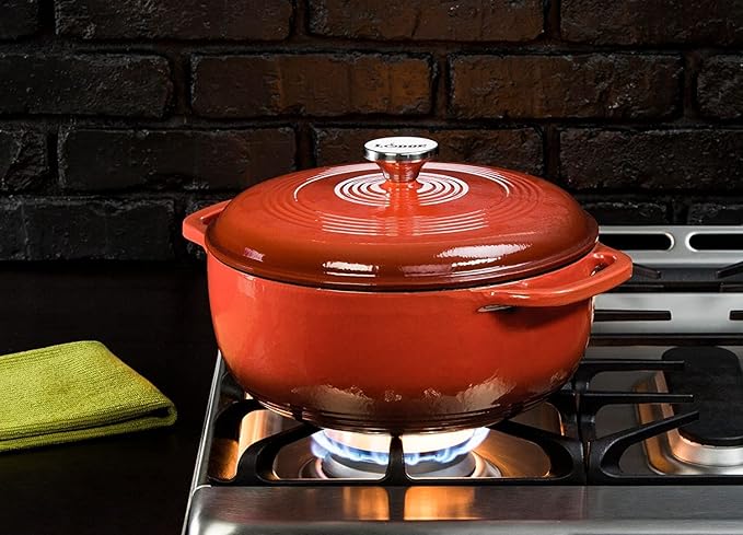 Lodge 7.5 Quart Enameled Cast Iron Dutch Oven with Lid – Dual Handles – Oven Safe up to 500° F or on Stovetop - Use to Marinate, Cook, Bake, Refrigerate and Serve – Poppy