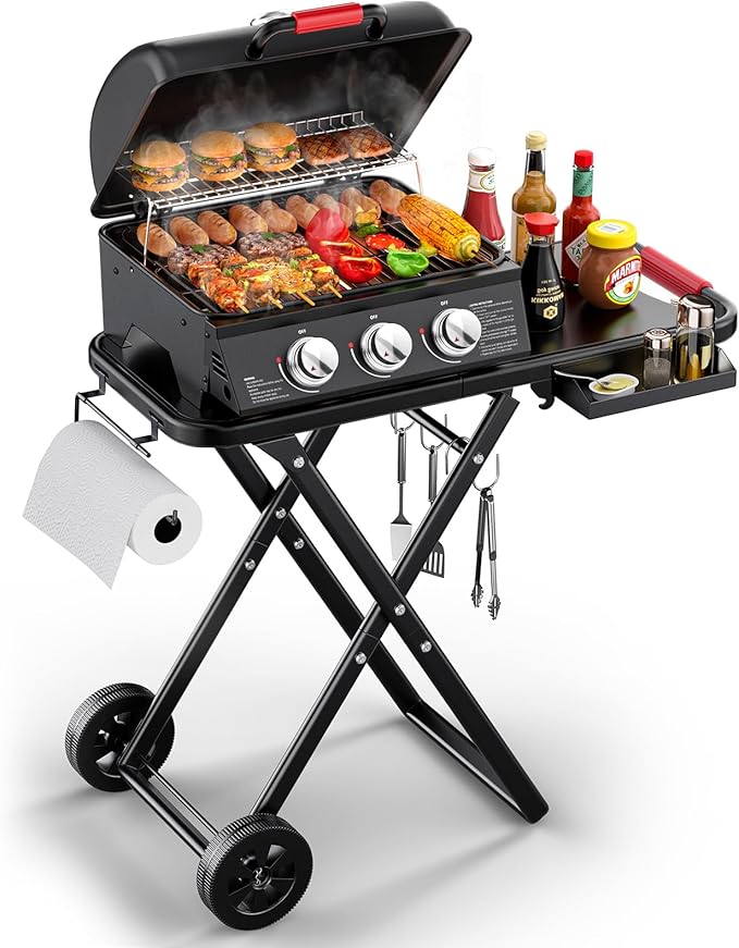 3-Burner Portable Gas Grill with 30,000 BTU, 320 SQ.IN Detachable Propane Grills, Non-Stick Porcelain Grate, Built-in Thermometer, Quick-Fold Design for Camping, Tailgating & Outdoor BBQ