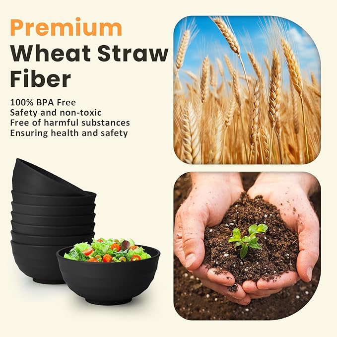 Homienly Unbreakable Big Bowl Set of 8: Alternative to Large Plastic Bowls - 60oz Wheat Straw Bowls for Salad, Soup & Cereal, Microwave & Dishwasher Safe for Everyday Use & Picnics - Black