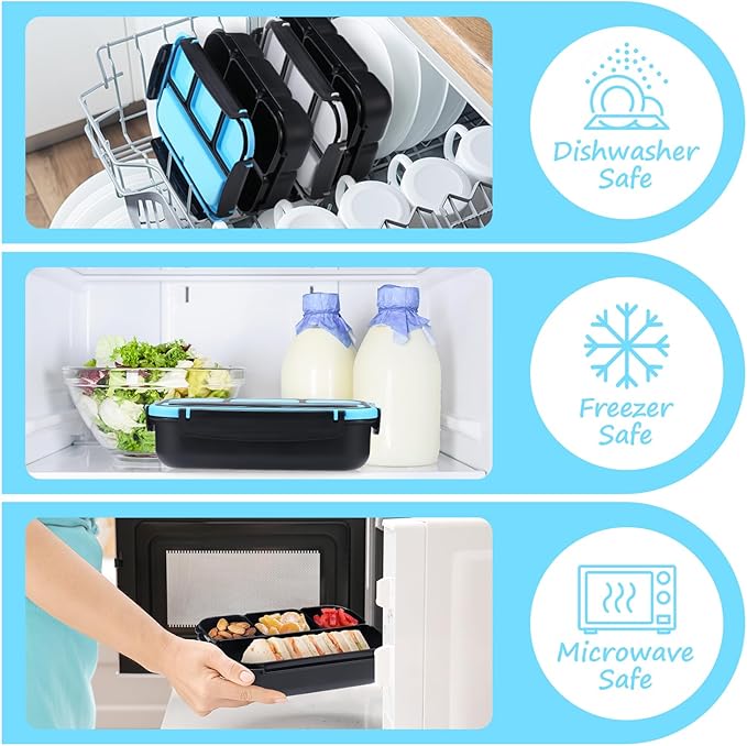 QQKO Bento Box for Kids Adults, School Toddler Lunch Box for Boys Girls, Lunch Box Containers with 4 Compartments, Sauce Container, Utensils, Food Picks and Muffin Cups for School, Black Blue