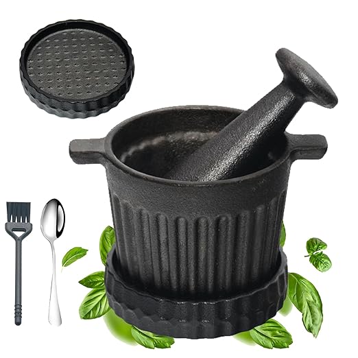 UKEMEN Cast Iron Mortar and Pestle Set, 3-Piece Small Garlic Grater Plate with Brush and Scoop, Heavy Duty Muddler and Bowl Grinder Set Perfect for Guacamole/Spices/Herbs/Solid/Metal/Glass/Rock