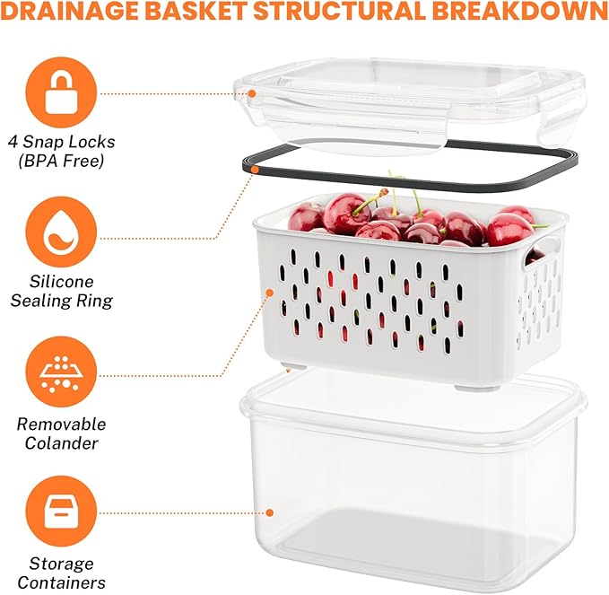 4 PCS Fruit Storage Containers for Fridge with Lids and Strainer, Fruit Containers for Fridge,Plastic Fresh Produce Saver Keeper for Vegetable Fruit Salad, BPA Free Fruit Organizer for Refrigerator