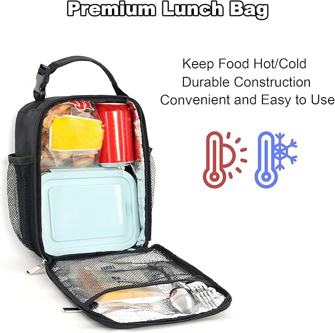 Femuar Lunch bag for Men Women Adults Small for Office Work Picnic - Reusable Portable Lunchbag, Black