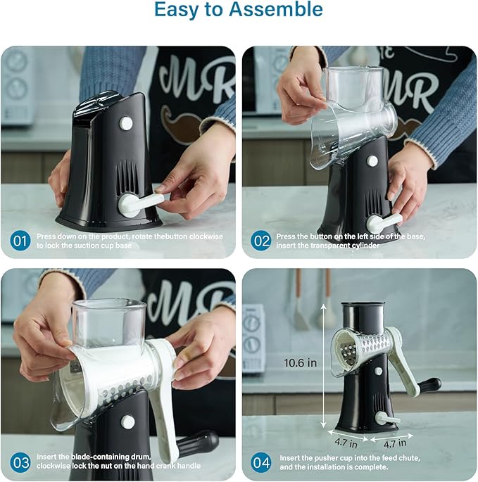Rotary Cheese Grater Hand Crank, 5 Blades Cheese shredder, Stronger Suction, Easy to Clean for Fruit, Vegetables, Nuts, Black