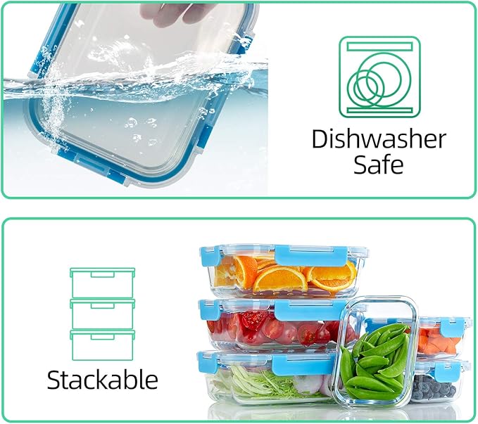 C CREST Glass Meal Prep Containers, [10 Pack] Glass Food Storage Containers with Lids, Airtight Bento Boxes, BPA Free & Leak Proof (10 Lids & 10 Containers)