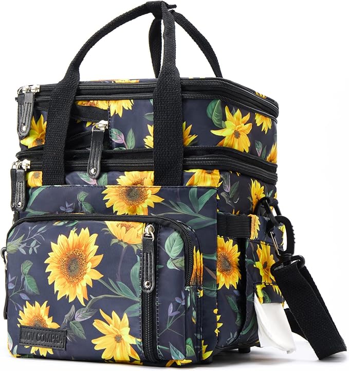 MOV COMPRA Lunch Bag for Women Men Double Deck Lunch Box,Expandable Large Lunch Bags,Leakproof Lunch Box Cooler Bag (Sunflower)