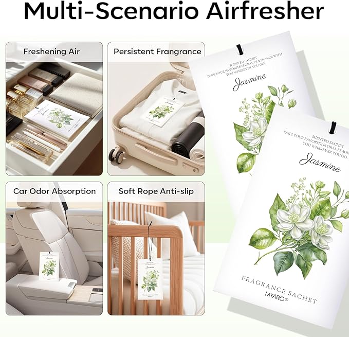 MYARO 12 Packs Jasmine Scented Sachets for Drawer and Closet, Long-Lasting Air Freshener Sachet Bag Drawer Car Bathroom Deodorizers Fresh Scent Home Fragrance