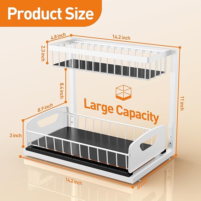 Under Sink Organizer,Metal Pull Out Cabinet Organizer Shelf,Kitchen Bathroom Organizers with Sliding Drawer,Storage Shelves,Storage and organization for Home,Laundry,RV,Pantry,Spice,White, 2 Pack