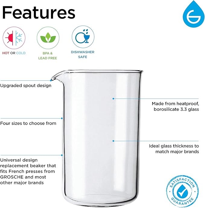 GROSCHE Borosilicate 3.3 Glass Universal Replacement Beaker for French Coffee and Tea Press Makers, 51 fl oz, Large