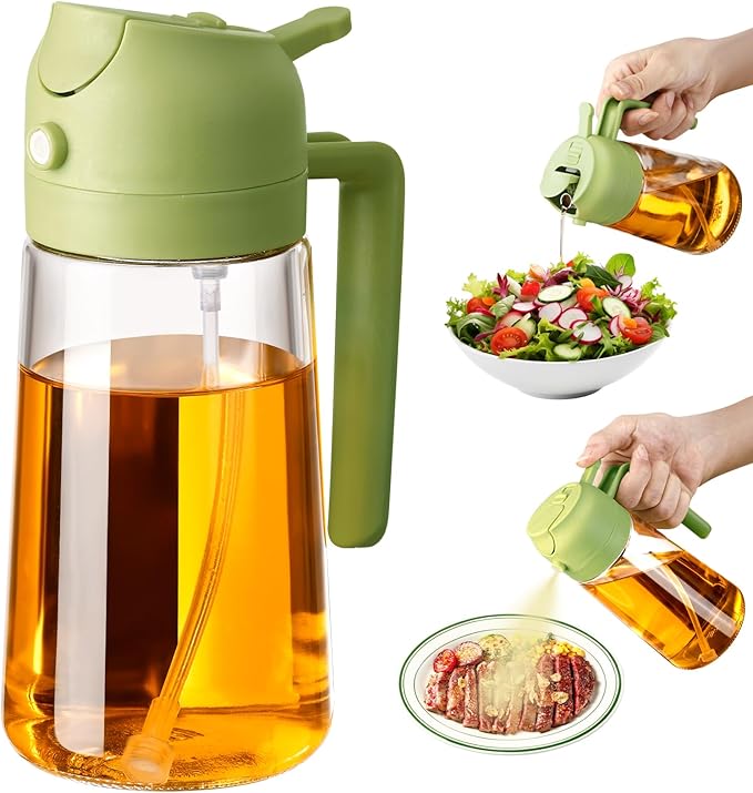 16oz/470ml Oil Dispenser and Oil Sprayer, Glass Olive Oil Pourer for Kitchen, Air Fryer, Cooking, Salad, BBQ(Green)
