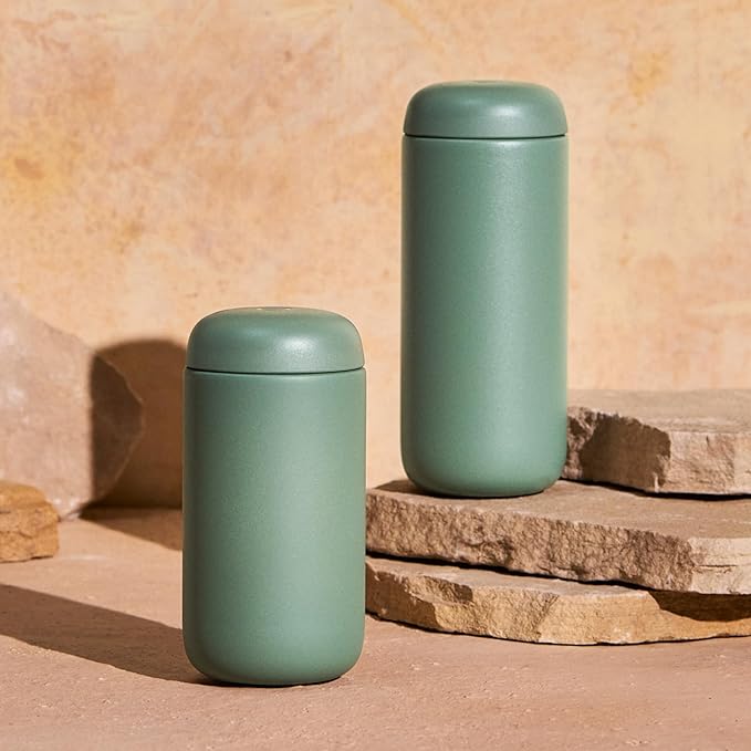 Fellow 16 oz Carter Move Travel Mug - Vacuum-Insulated Stainless Steel Travel Coffee Mug - Coffee Tumbler with Ceramic Interior and Splash Guard - Smoke Green
